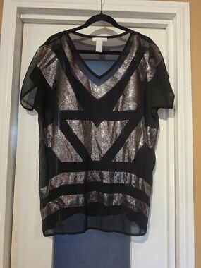 Black Sheer Short-Sleeve Top with Rose Gold Sequin Geo Accents